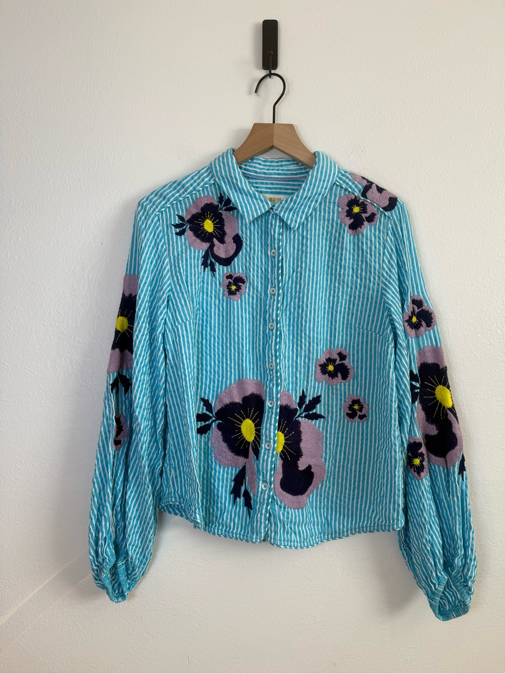 Maeve by Anthropologie Turquoise Blue Floral Embroidery Striped Button Blouse - Picture 2 of 7
